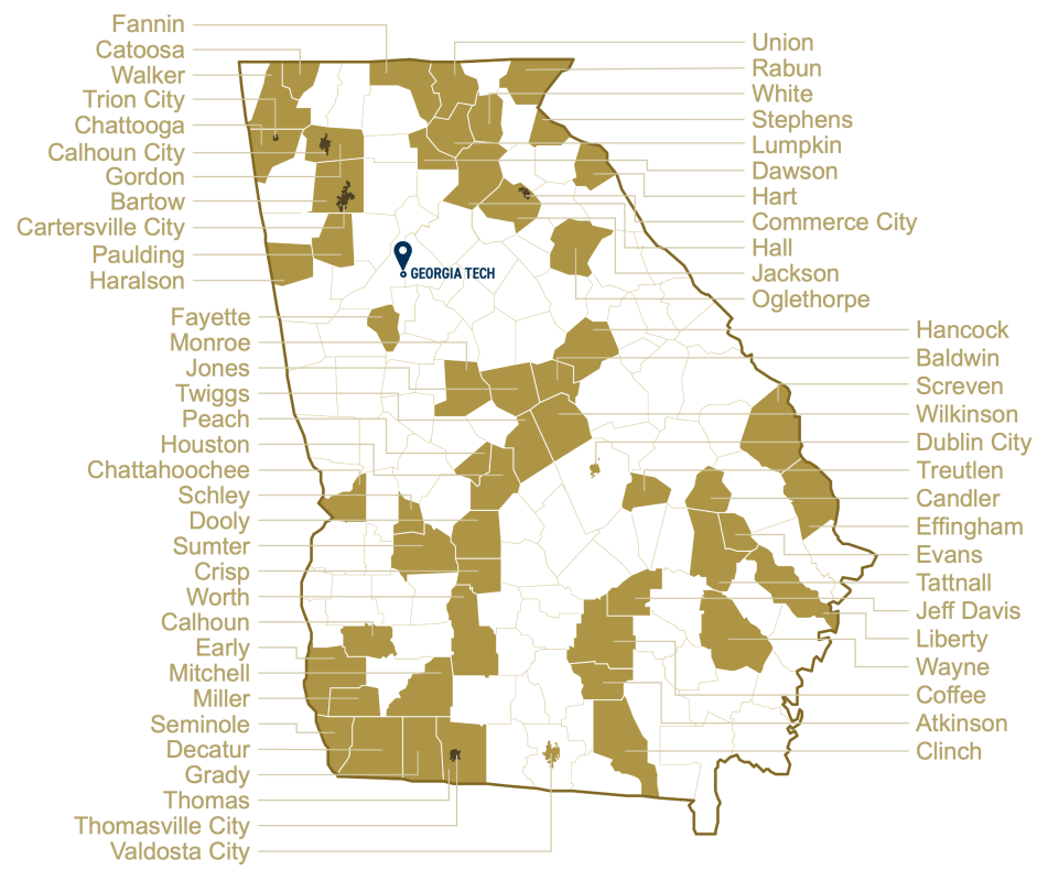 Map of Georgia highlighting the counties participating in the Rural CS Initiative.